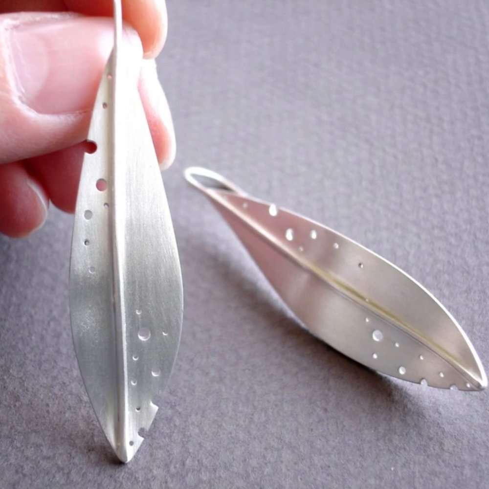Sterling Silver Long Olive Leaf Earrings